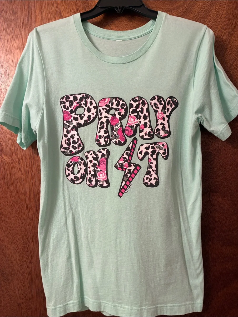 Girls' Mint Short Sleeve Tee with Pink Leopard 'Pray Out' Graphic